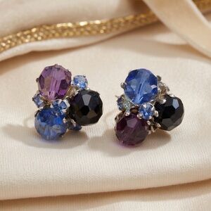 Vintage Stamped VOUGE Blue Purple Bead Cluster Silver Tone Clip on Earrings